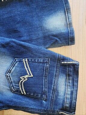 A7 Embellished Blue Flare Lef Jeans with Rhinestone Accents